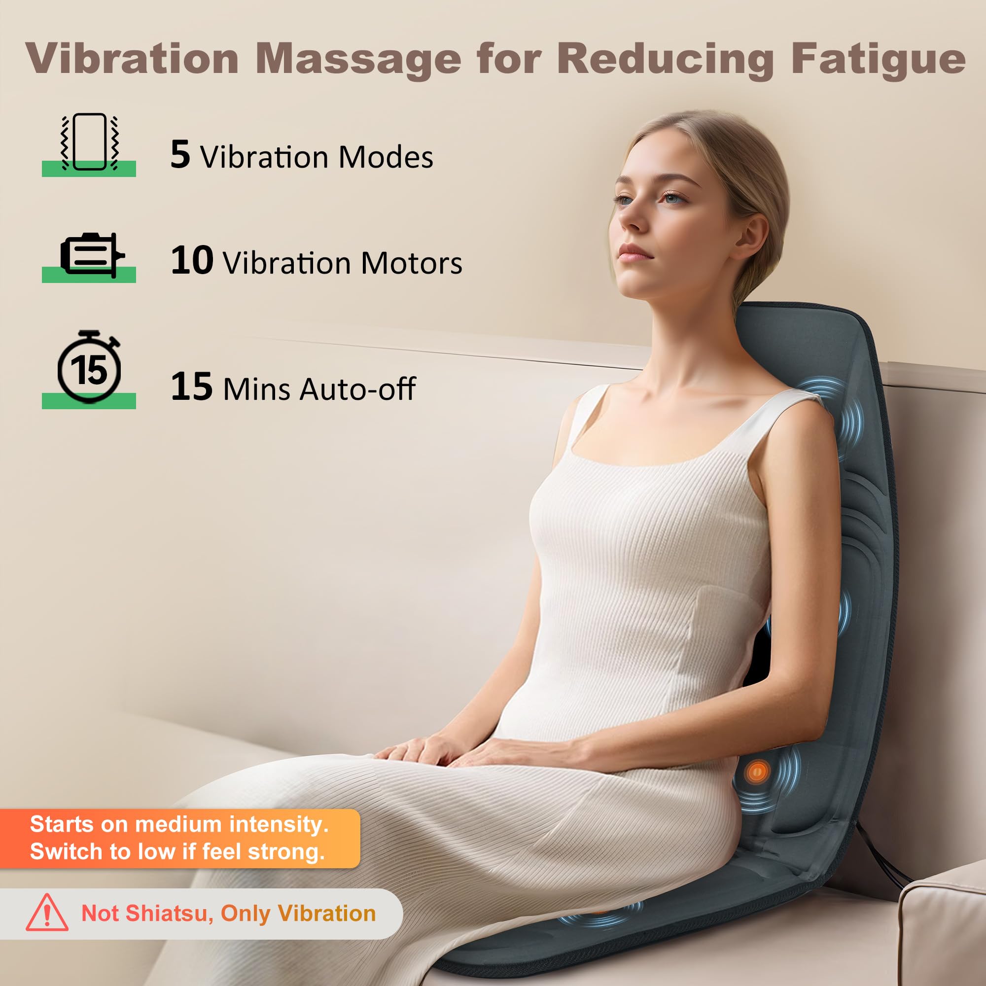 Heycool Vibration Back Massager seat area highlights thigh and seat warmth