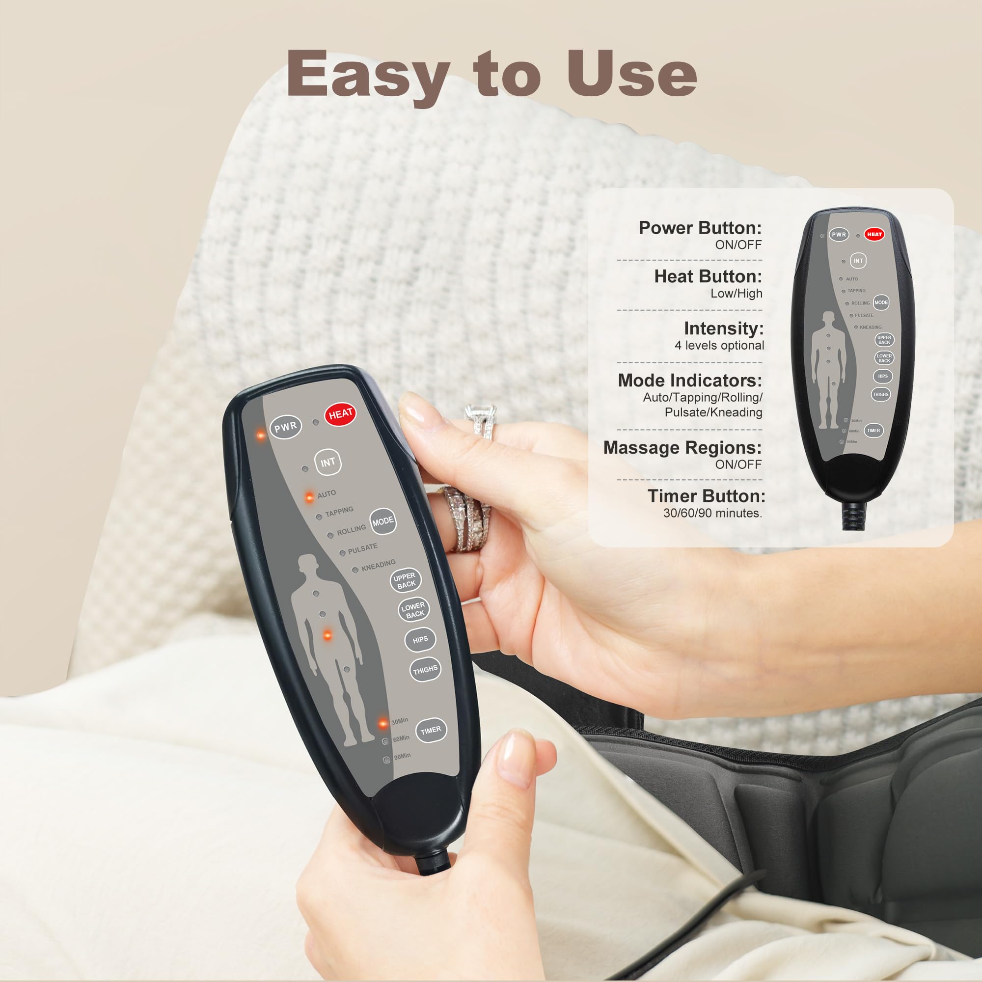 Heycool Vibration Back Massager ten-motor system delivers deep back and thigh massage