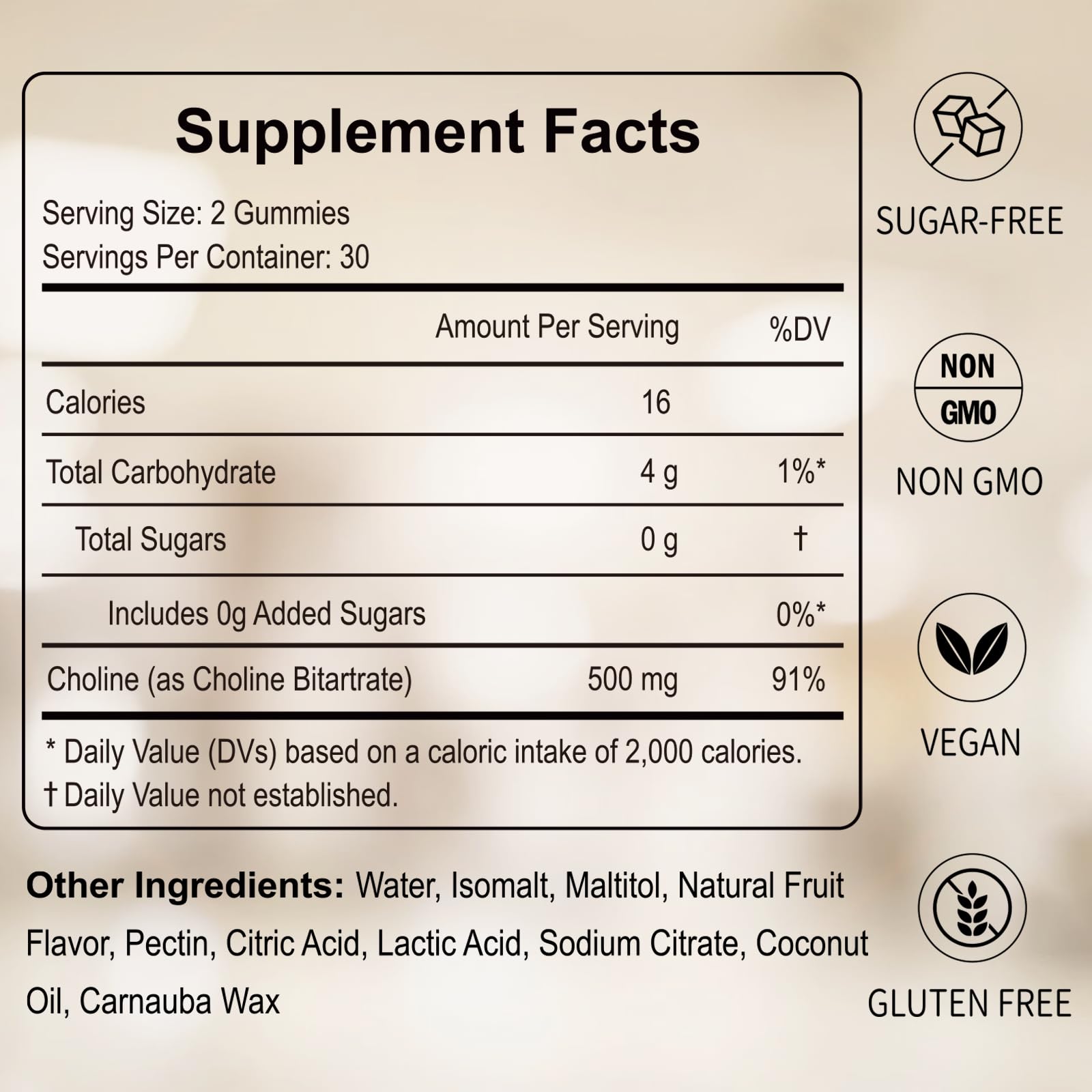 HFELIZ Choline Gummies 500mg serving shown for cognitive support.