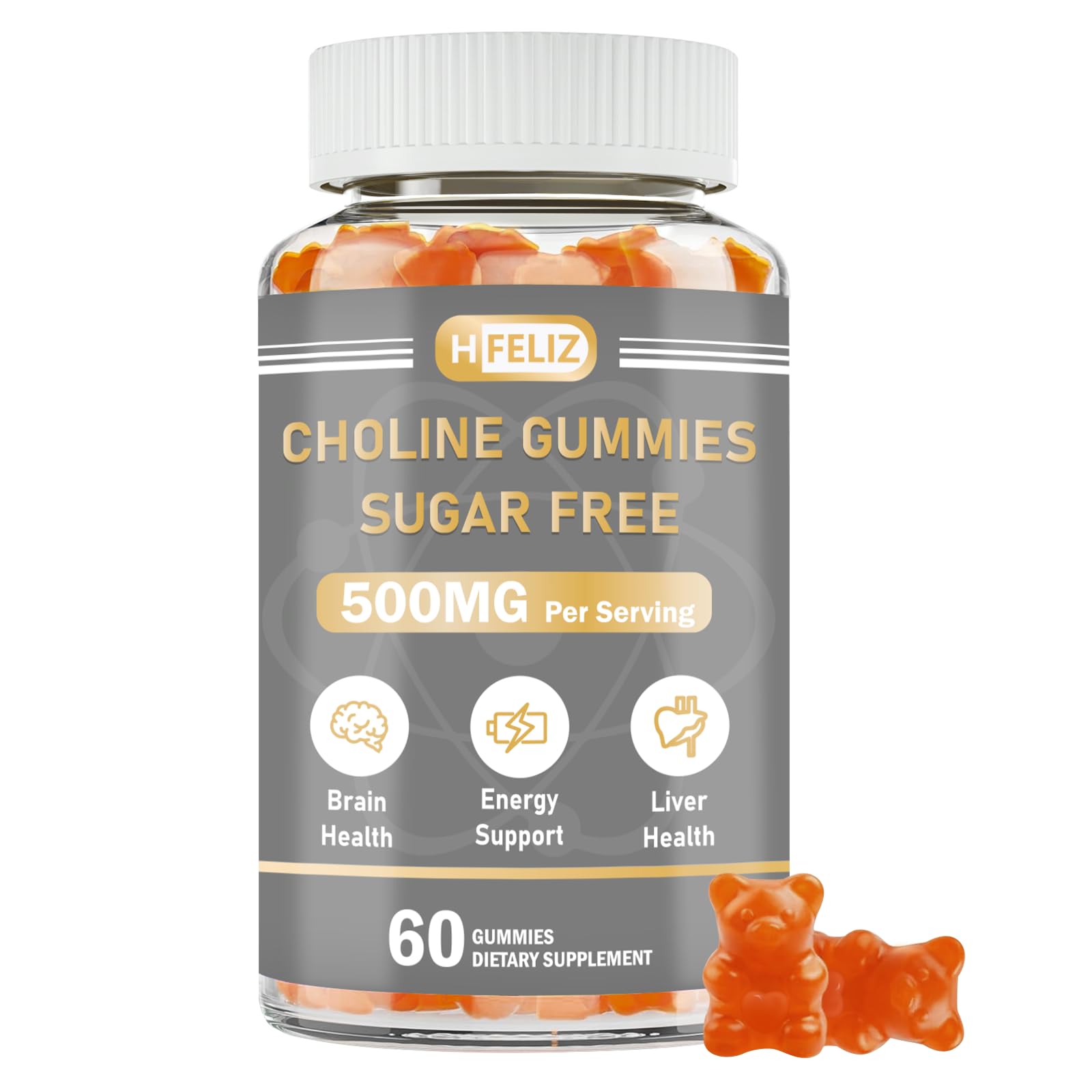 HFELIZ Choline Gummies orange flavor bottle for daily focus and energy.