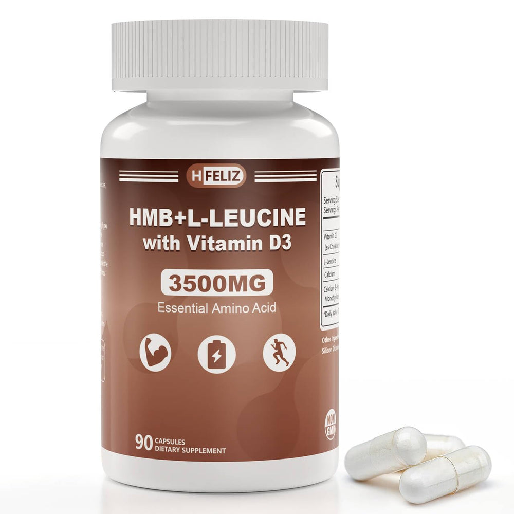 HFELIZ HMB and Leucine bottle front, premium amino acids for energy support