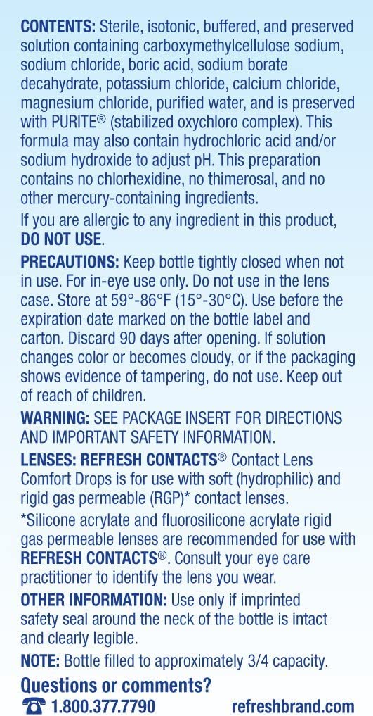 Close-up of Refresh Contacts drops highlighting fast dryness relief for lenses.