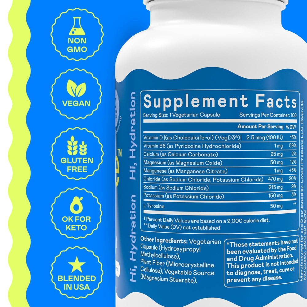 Hi-Lyte bottle beside glass of water for everyday hydration.