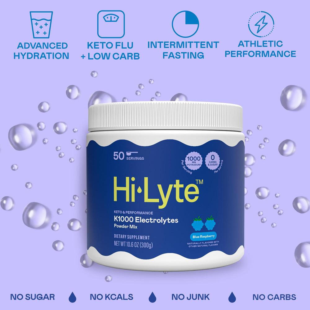 Hi-Lyte K1000 blue raspberry powder dissolving in water for keto hydration