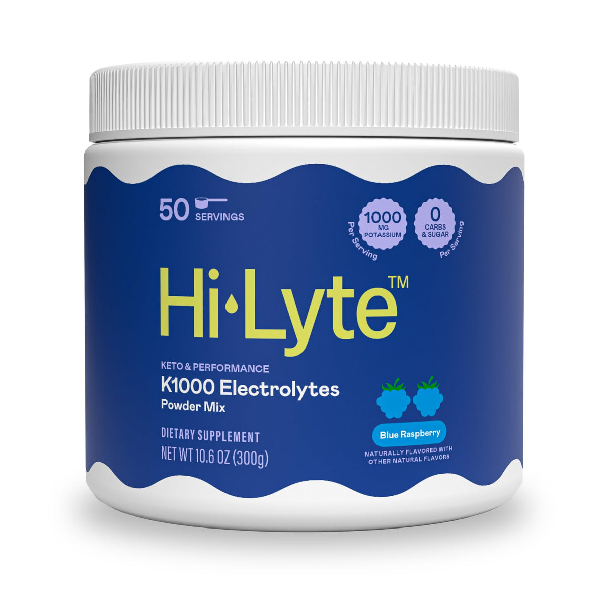 Hi-Lyte K1000 blue raspberry powder container primed for post-workout hydration