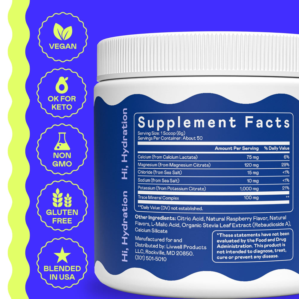 Hi-Lyte K1000 blue raspberry powder with glass of water for hydration
