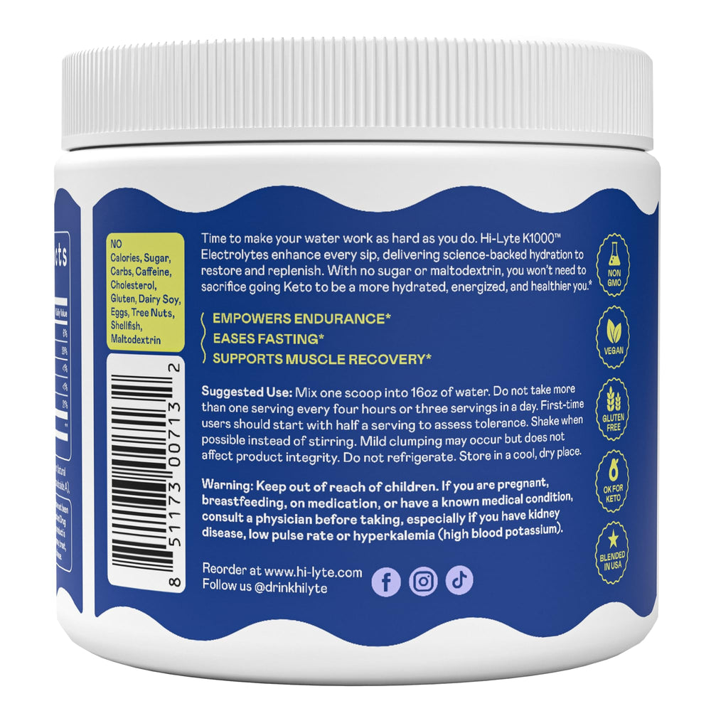 Hi-Lyte K1000 blue raspberry powder served beside plate for daily use