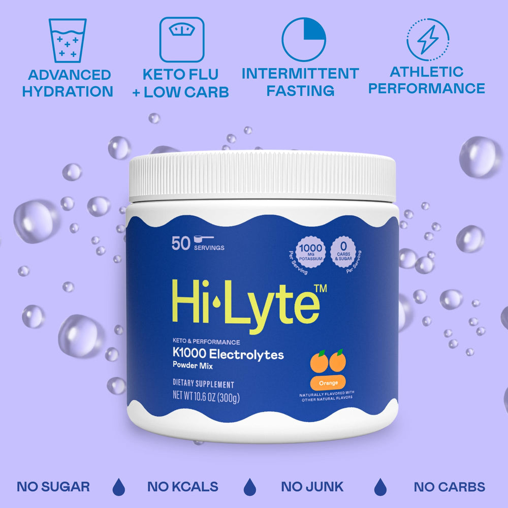 Hi-Lyte K1000 bottle close-up highlighting vegan, non-GMO formula