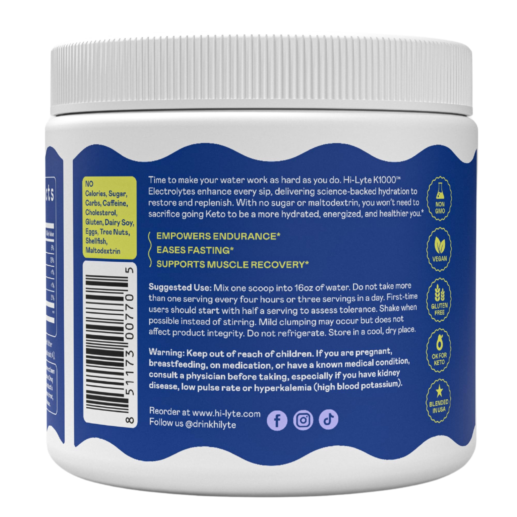 Hi-Lyte K1000 Lemonade ingredients label highlighting zero sugar formula.