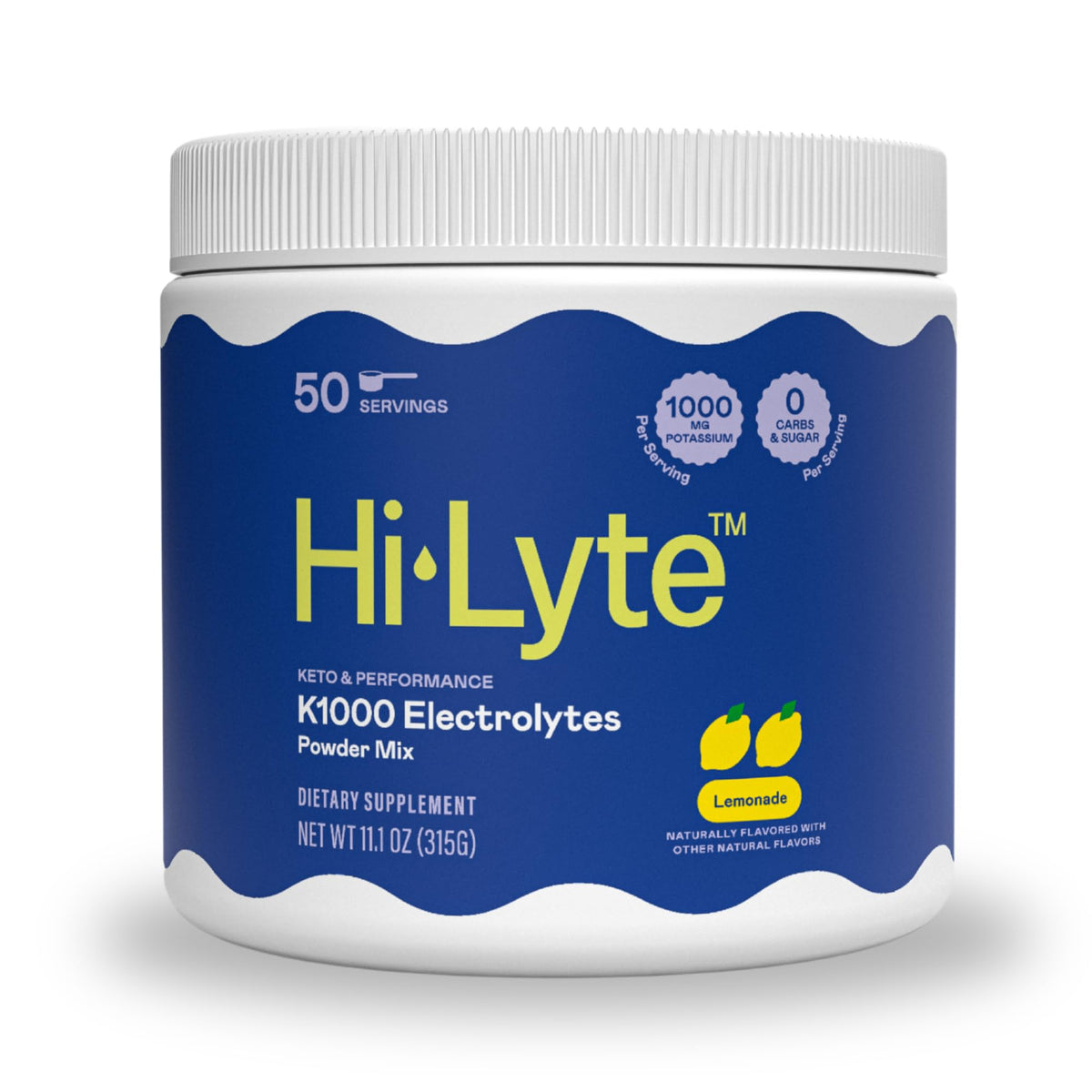 Hi-Lyte K1000 Lemonade powder packaging highlighting keto hydration and clean ingredients.