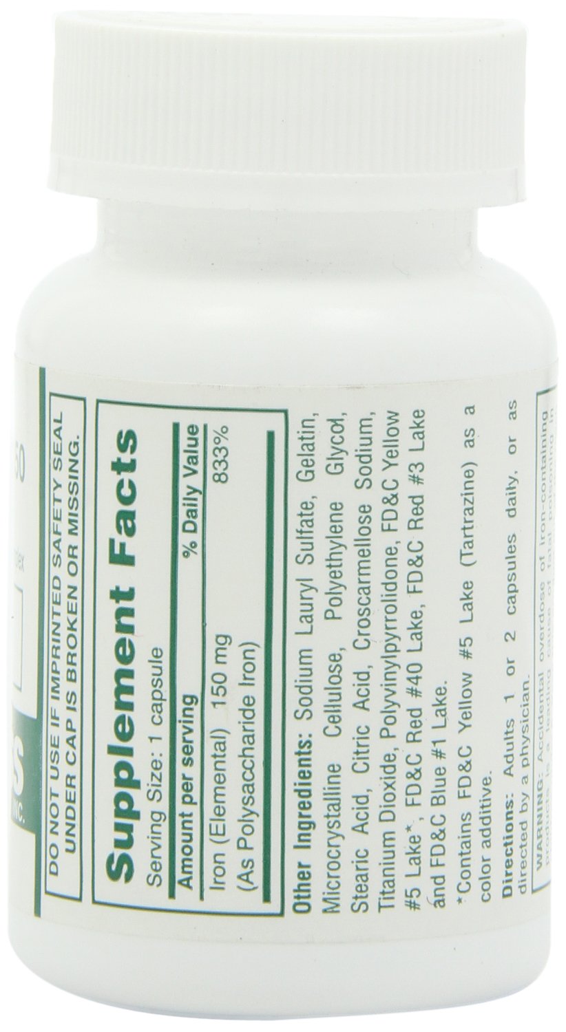 HIBROU Poly Iron capsules packaging display highlighting 150 mg potency per capsule.