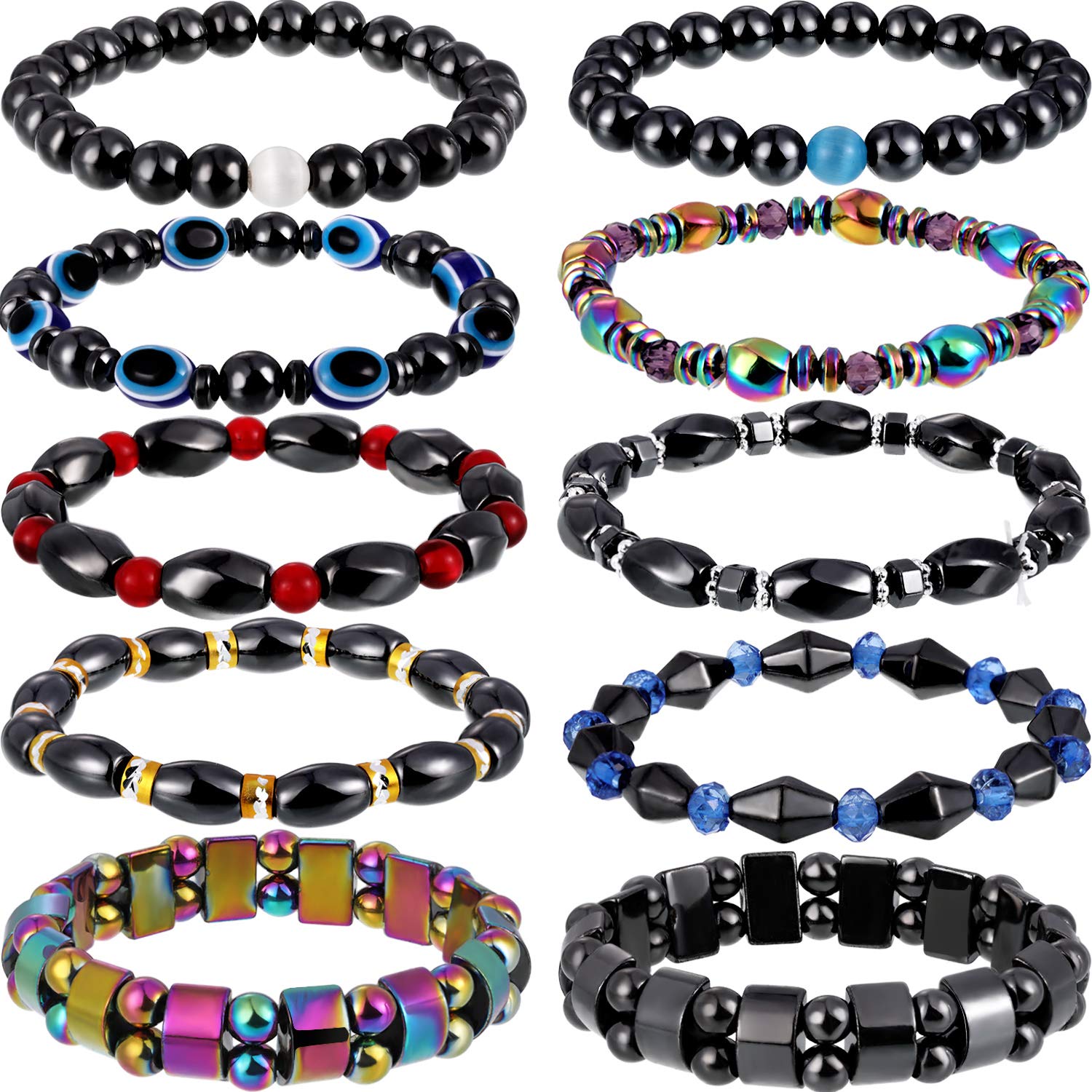 Hicarer hematite bracelets pack showing 10 styles for versatile daily wear.
