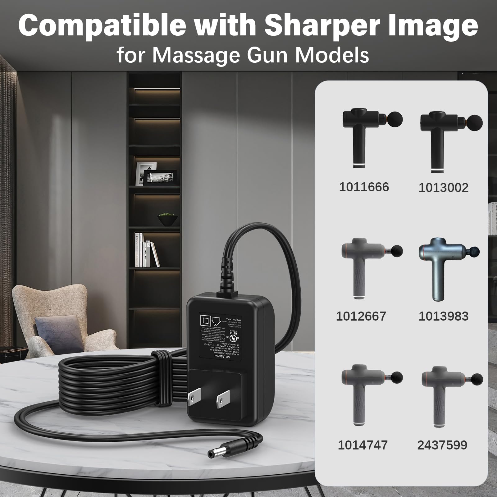 Sharper Image massager gun charging cable with dual snap-in plugs for durability.