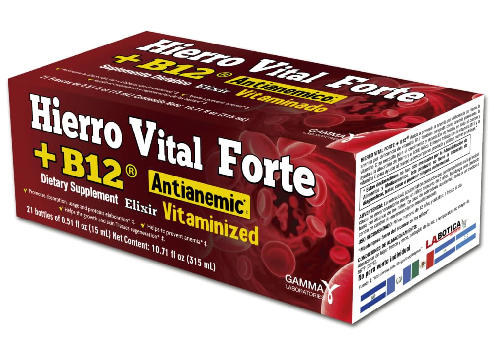 Hierro Vital Forte with B12 bottle label highlights iron-rich formula for daily energy support