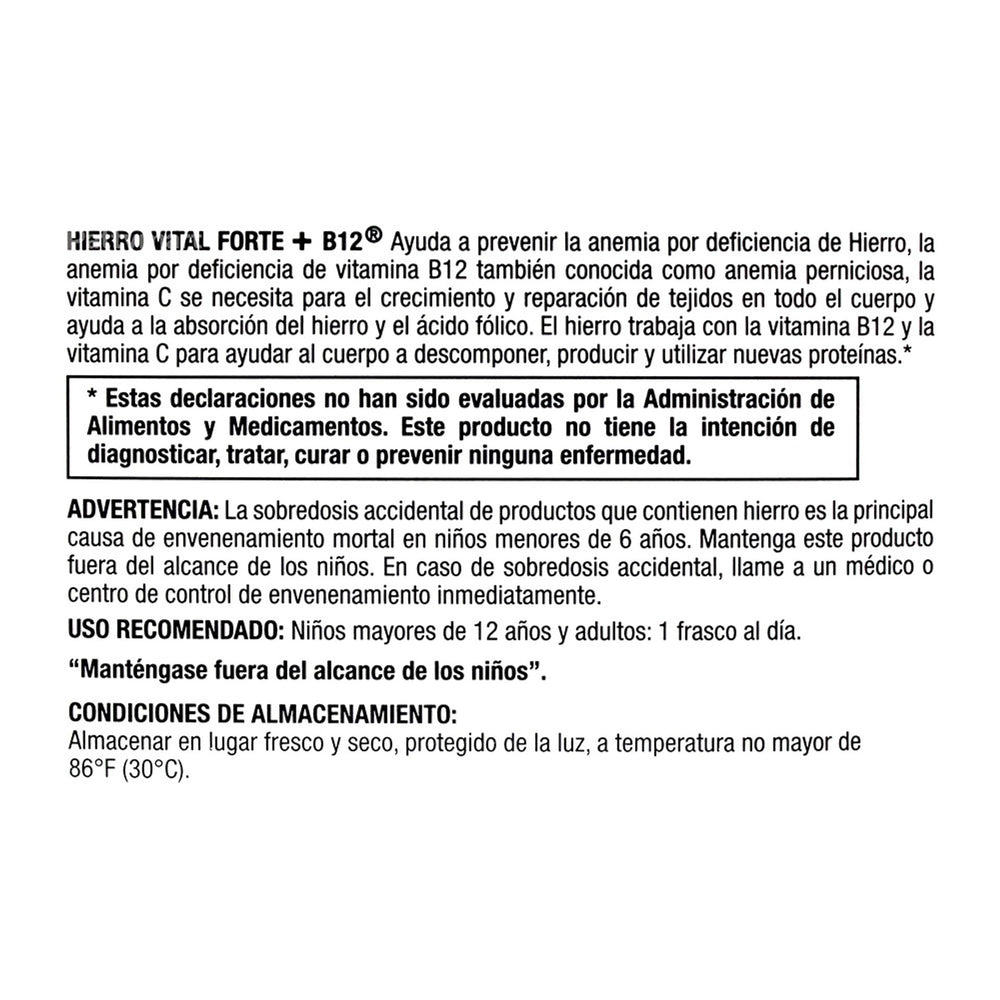 Hierro Vital Forte B12 bottle pour demonstrates easy daily dosing for iron and B12