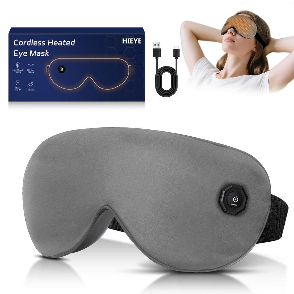 HIEYE cordless heated eye mask close-up showing soothing warmth for dry eye relief and comfort.