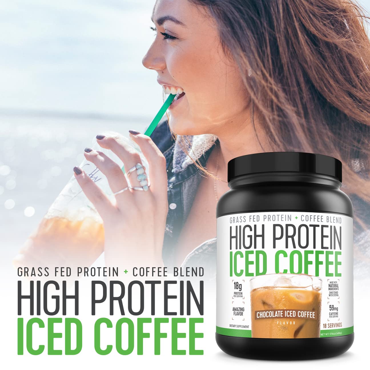 High Protein Coffee label emphasizes grass-fed, non-GMO ingredients for quality.