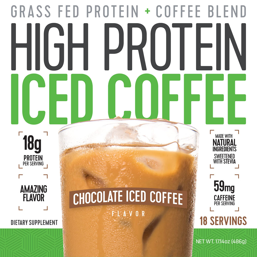 High Protein Coffee chocolate iced coffee with milk froth emphasizes smooth finish.