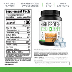 High Protein Coffee chocolate iced coffee poured into glass reveals creamy texture.