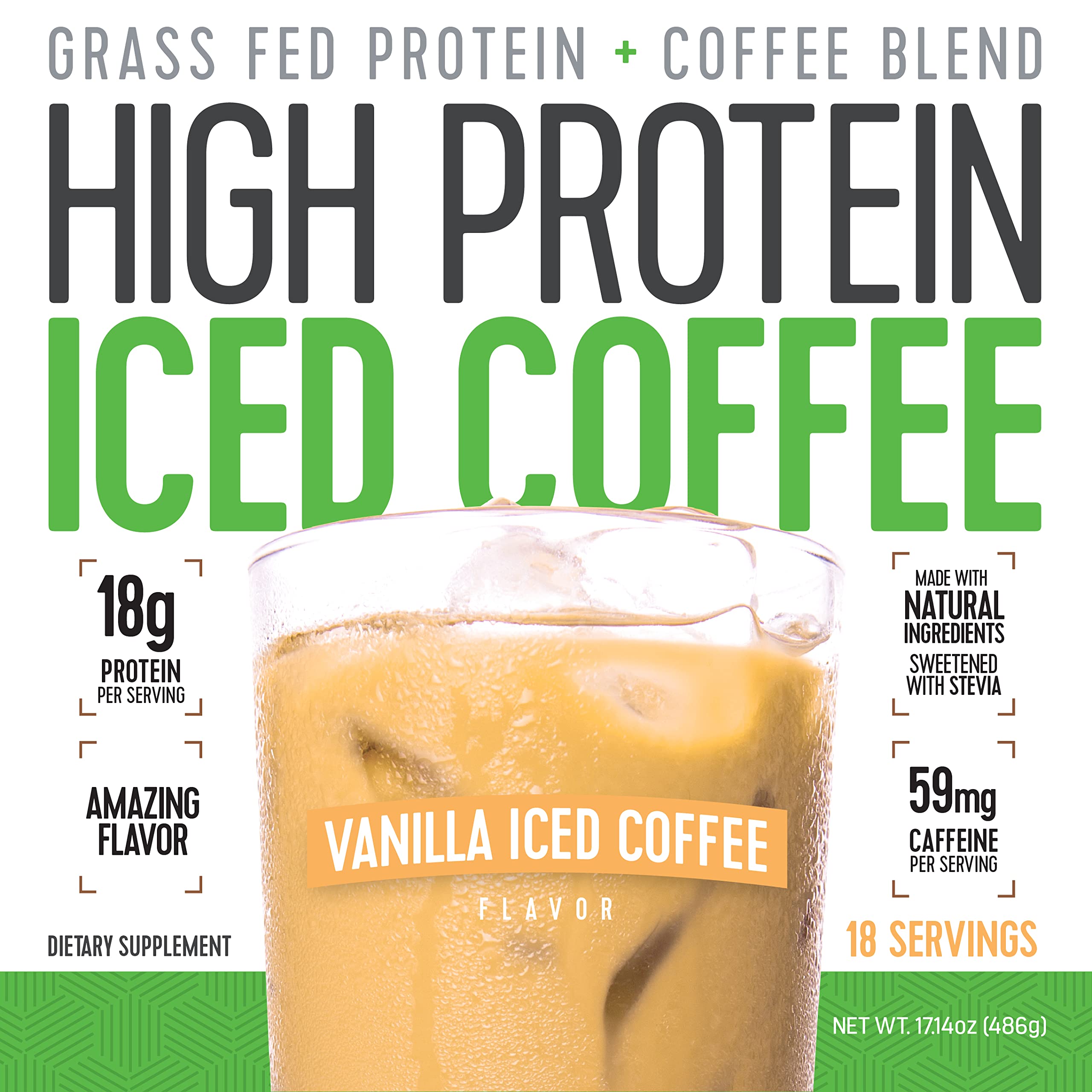 High Protein Iced Coffee Vanilla Latte can close-up highlighting ingredients