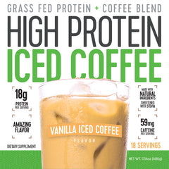 High Protein Iced Coffee Vanilla Latte can close-up highlighting ingredients