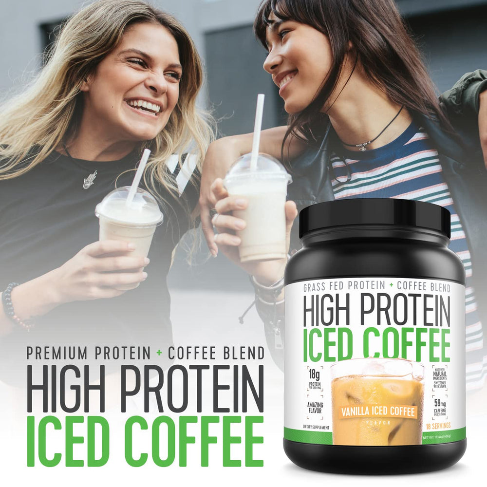 High Protein Iced Coffee Vanilla Latte foam top emphasizes creamy texture
