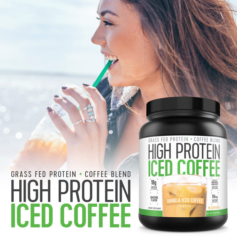 High Protein Iced Coffee Vanilla Latte morning routine visual on-the-go protein