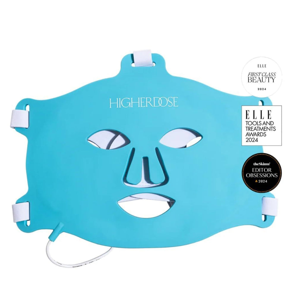 HigherDOSE red-light face mask on skin glow preview.