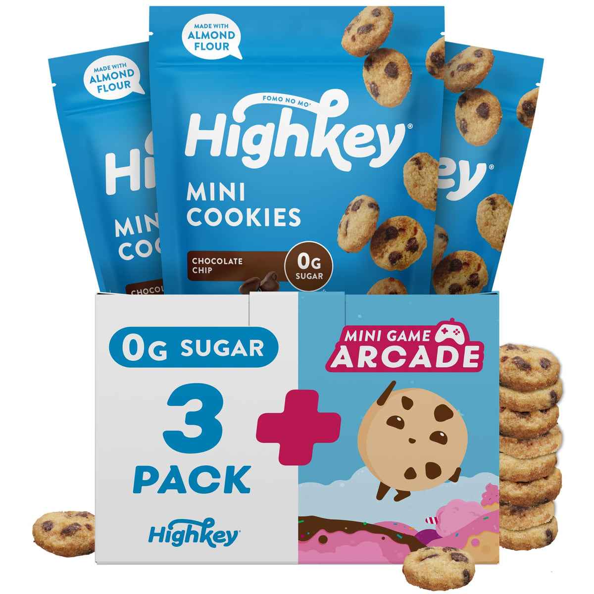 HIGHKEY Keto Chocolate Chip Mini Cookies pack on surface, gluten-free snack option.