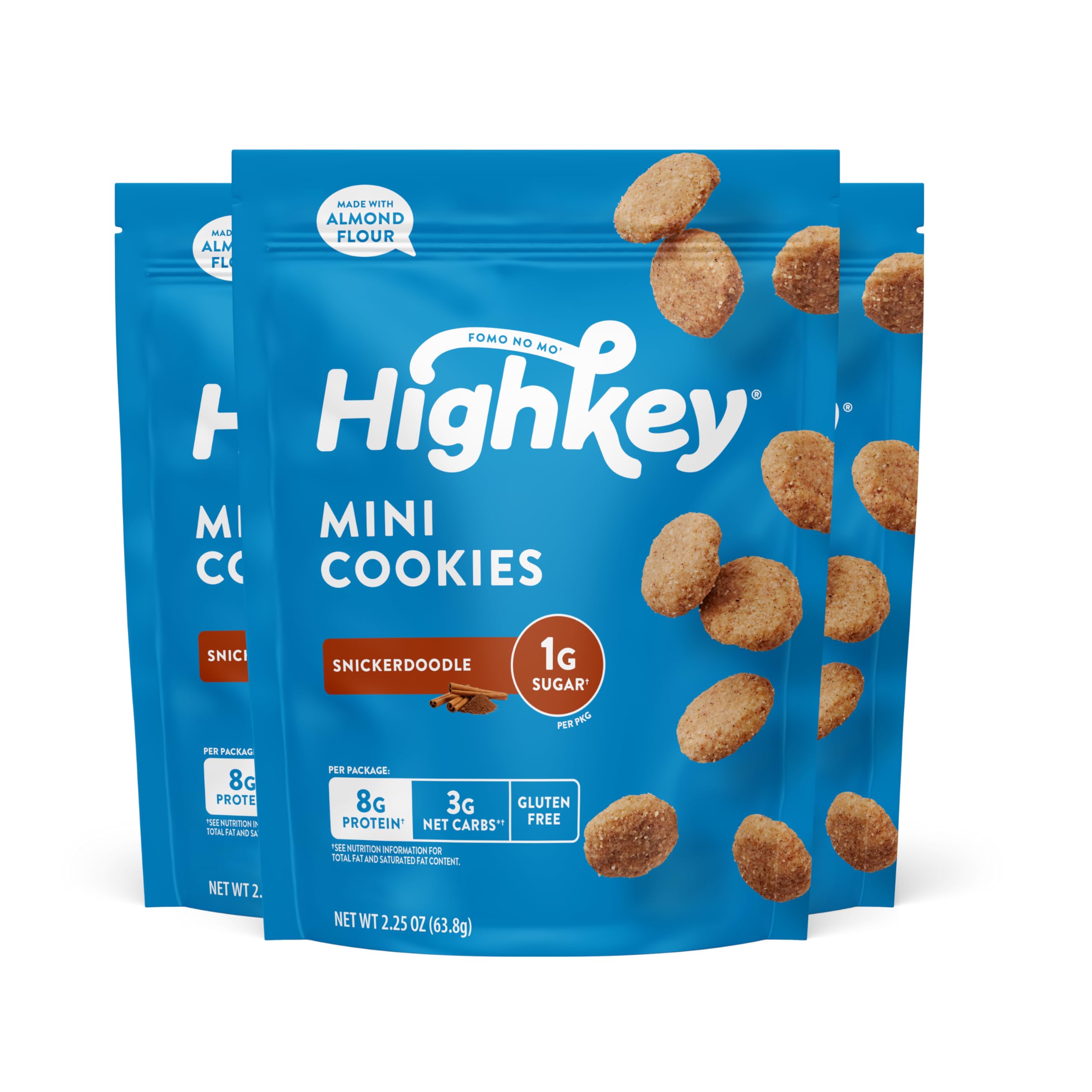 HighKey Snickerdoodle pack front, gluten-free keto snack option.