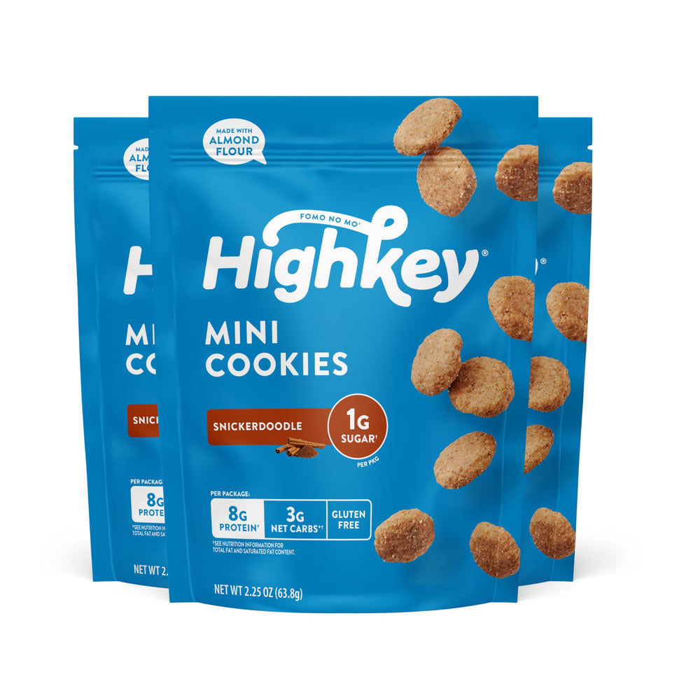 HighKey Snickerdoodle pack front, gluten-free keto snack option.