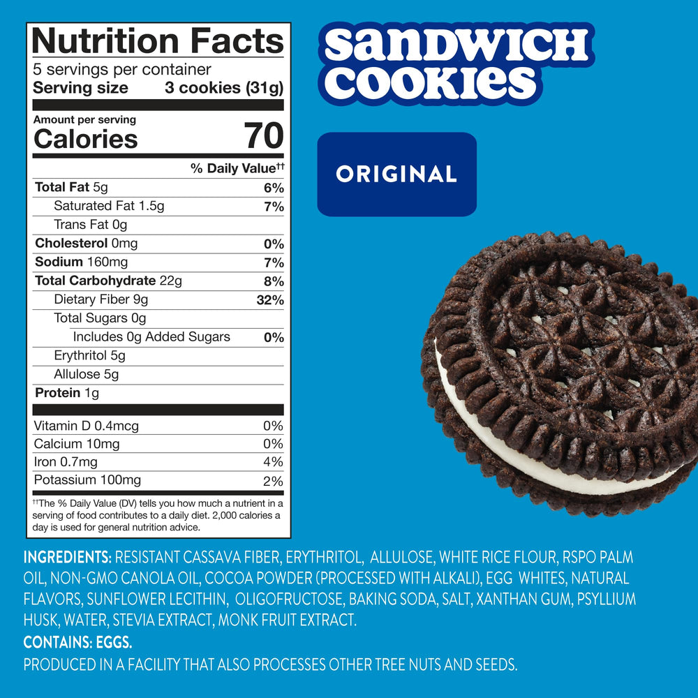 Close-up of HIGHKEY sugar-free sandwich cookies with creamy filling