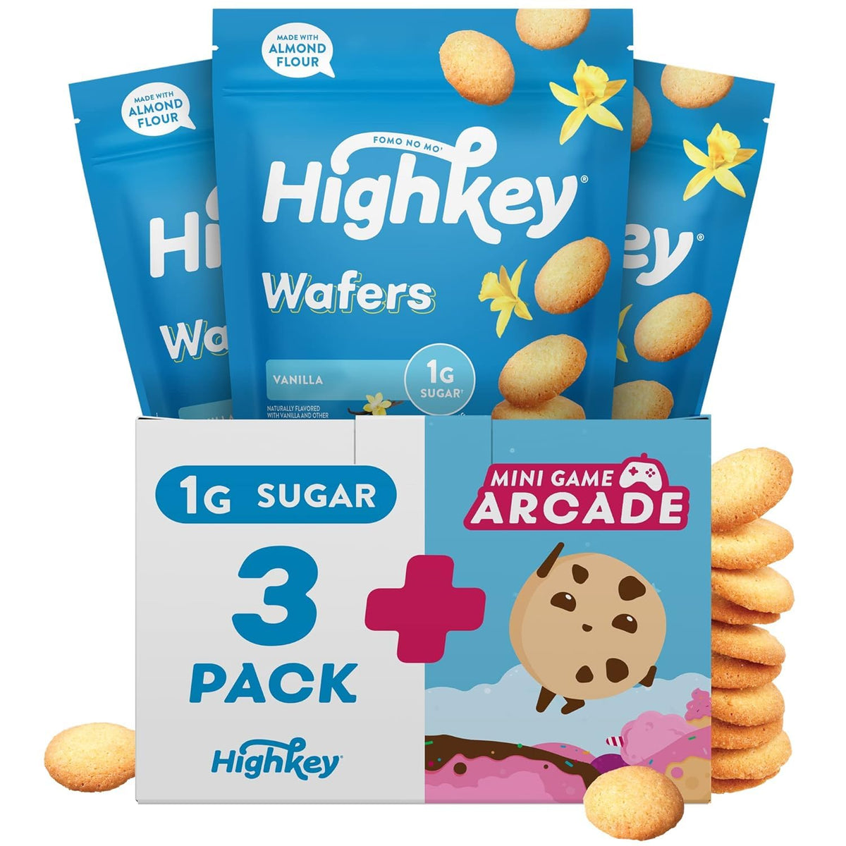 HighKey Vanilla Wafers pack showing gluten-free, low-carb snack option.