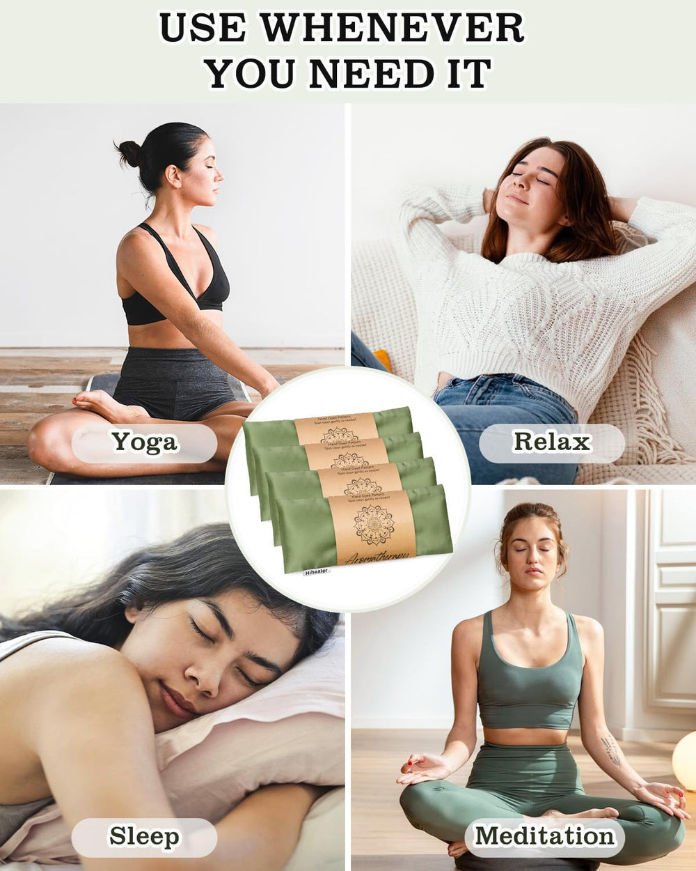 Hihealer microwave-warm therapy eye pillow showing warm relief