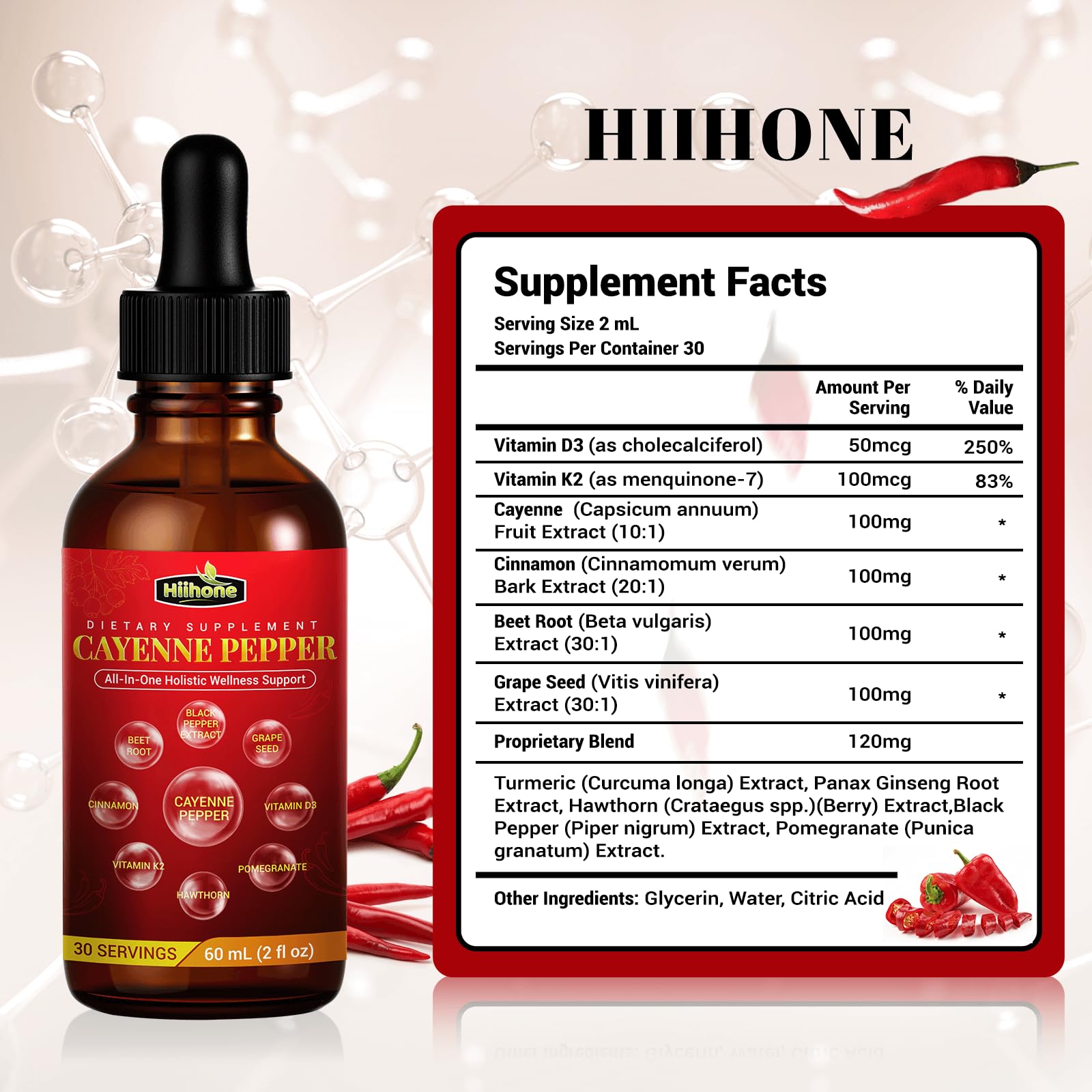 HIIHONE D3 K2 complex bottle displays essential daily nutrients.