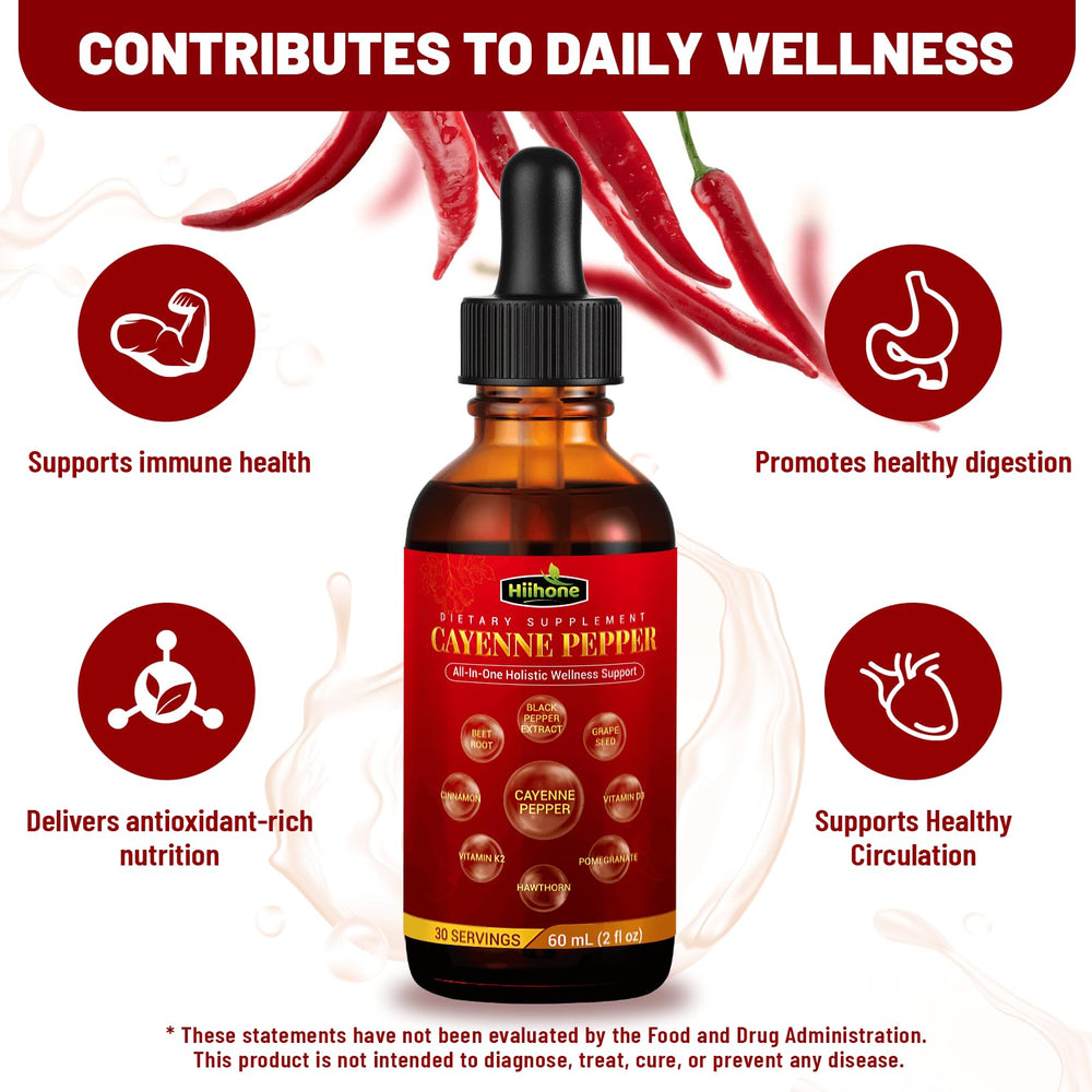 HIIHONE dropper pours Cayenne Drops into water for easy, mild daily digestive support