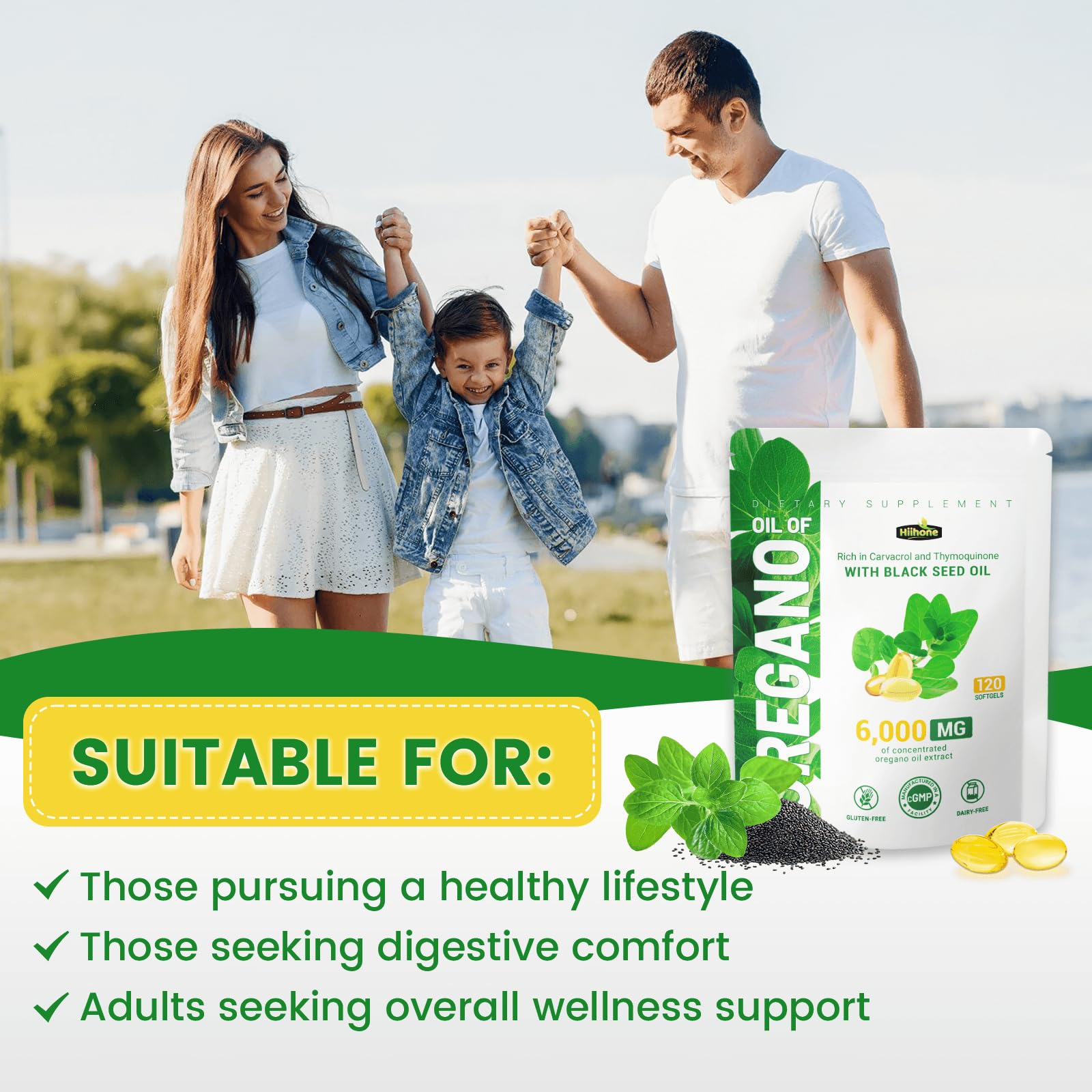 HiiHONE gluten-free oregano supplement box suitable for allergen-aware use.