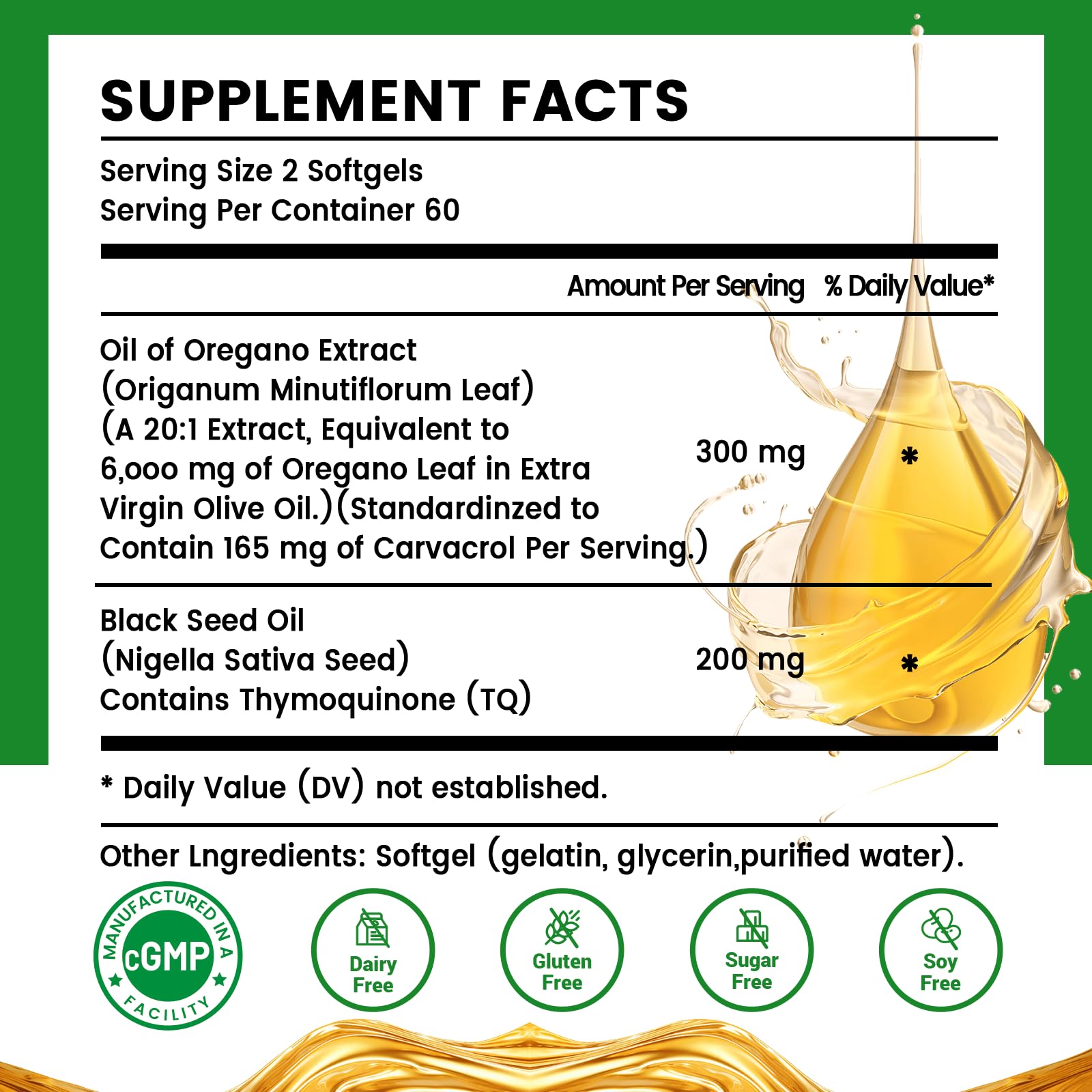 HiiHONE oregano oil softgels label highlighting carvacrol content.