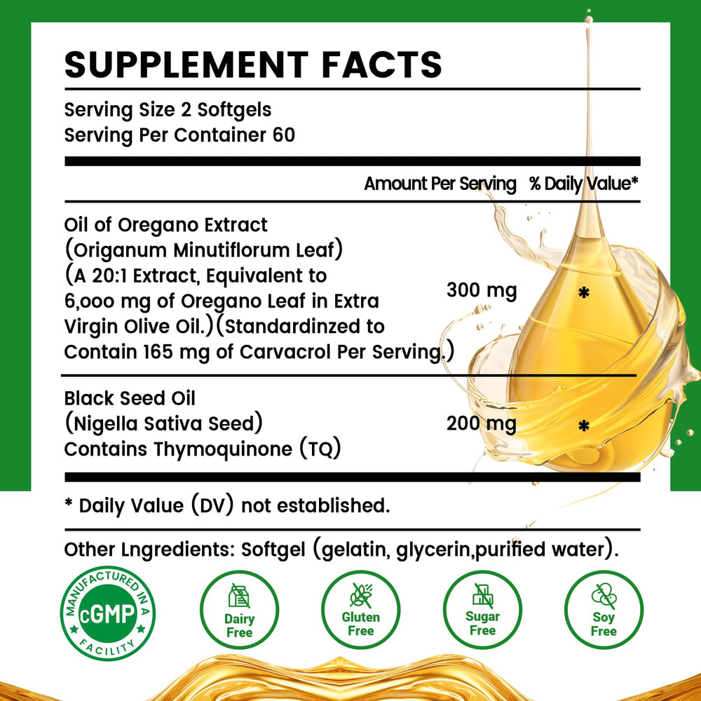 HiiHONE oregano oil softgels label highlighting carvacrol content.