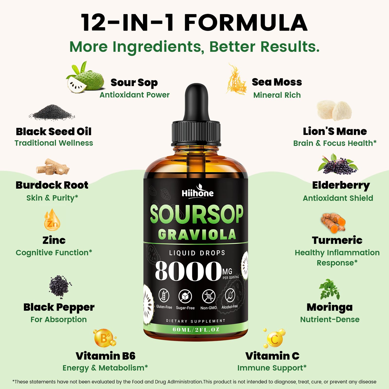 HIIHONE sea moss amber bottle highlights antioxidant-rich botanicals