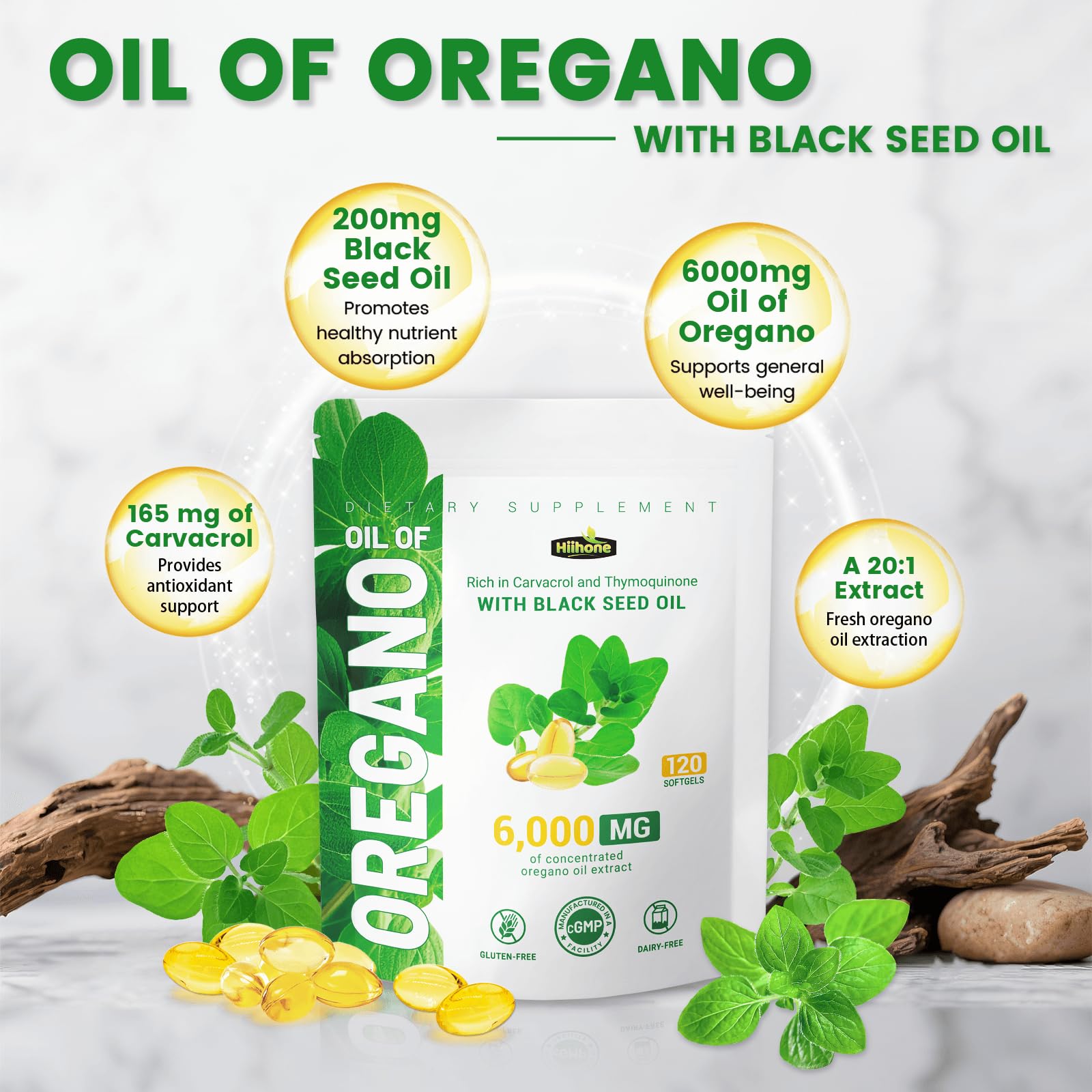 HiiHONE softgel pills closeup designed for easy swallowing.