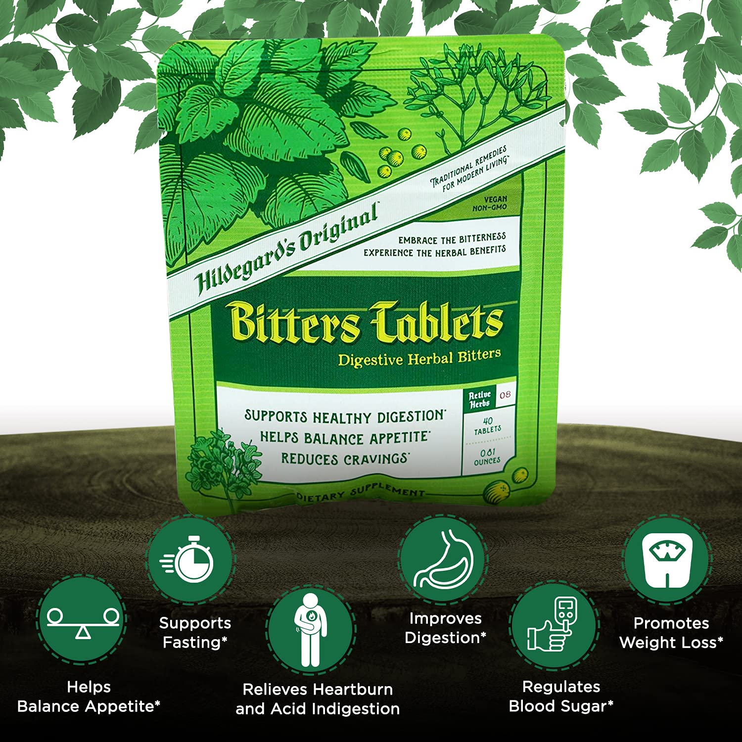 Hildegard's Original Bitters angelica root visuals evoke traditional cleansing and gut balance