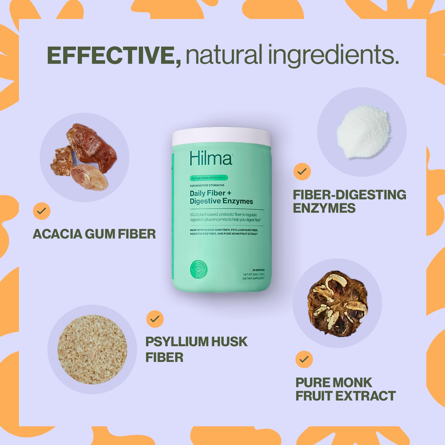 Hilma Daily Fiber bottle label closeup emphasizing gluten-free vegan formula