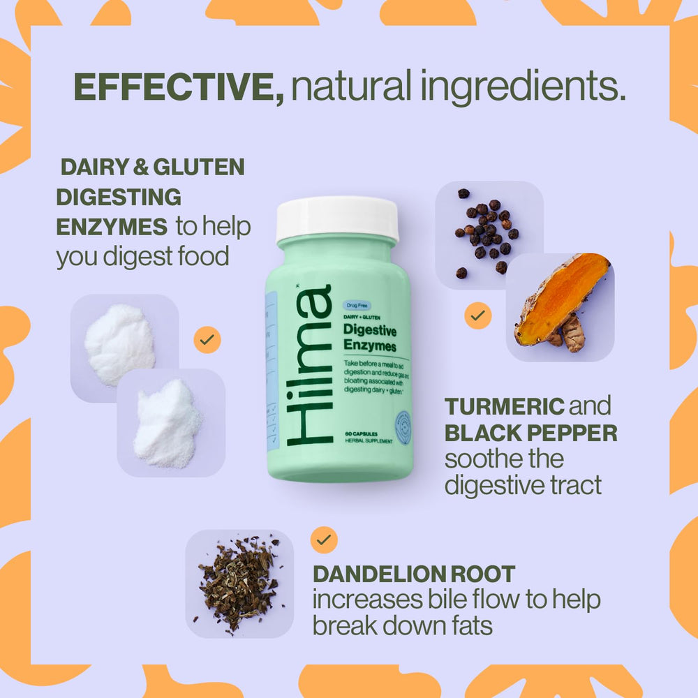 Hilma Digestive Enzymes capsules held for easy pre-meal relief from digestive discomfort.