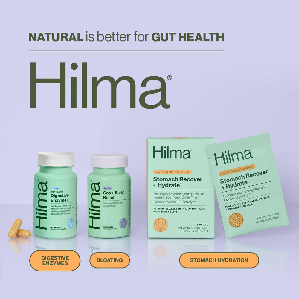 Hilma bottle with water ready for a pre-meal routine to aid digestion.
