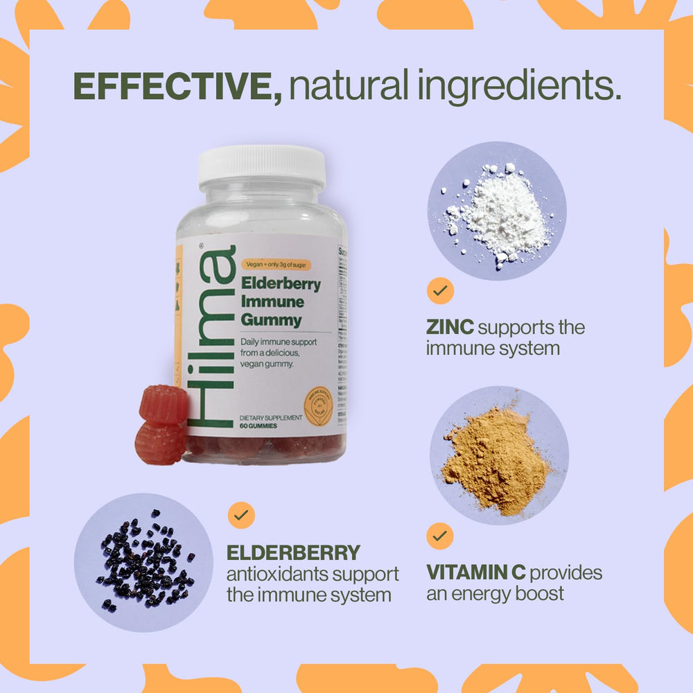 Hilma Elderberry Gummies close-up shows gummies with natural texture and color.