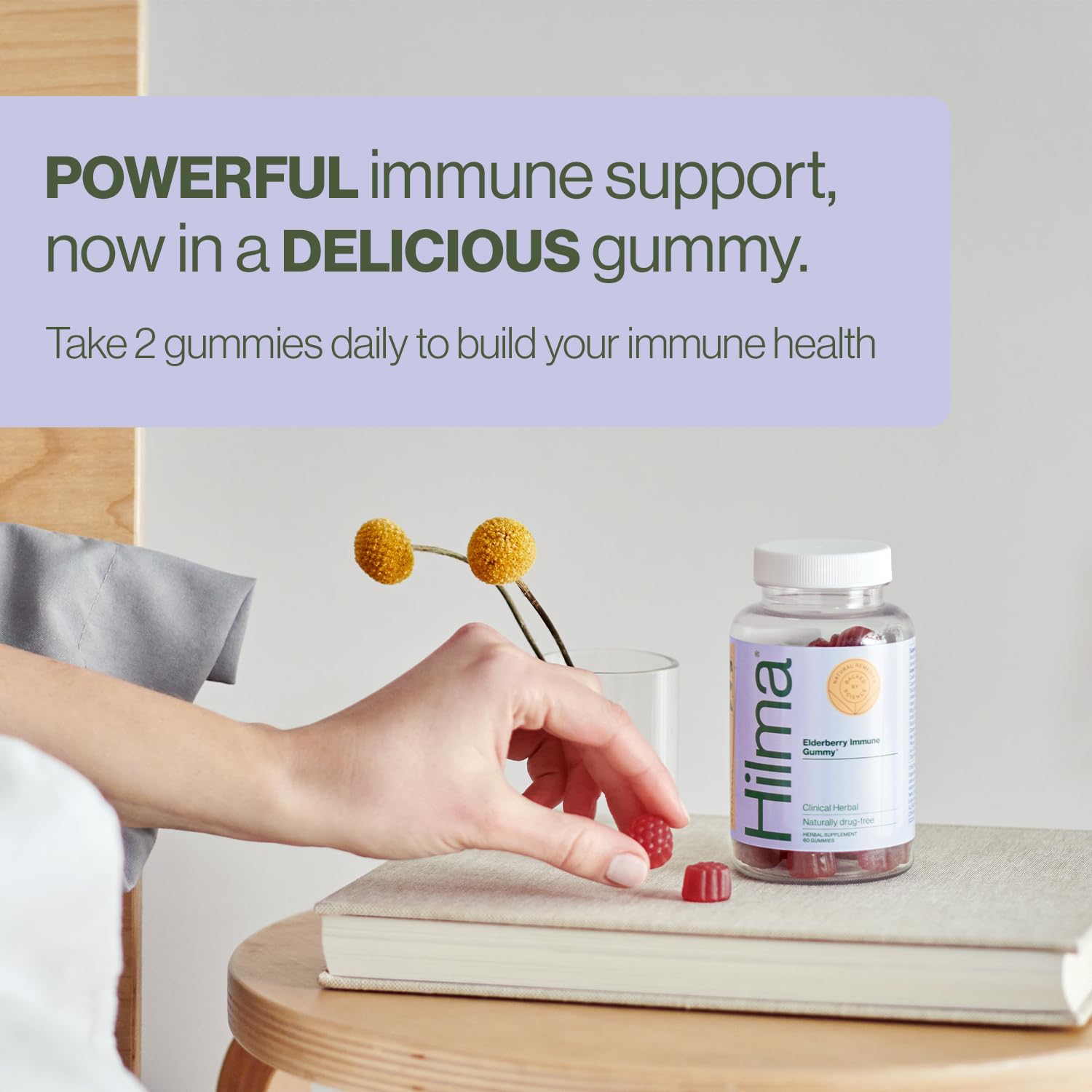 Hilma Elderberry Gummies label highlights zinc and vitamin C for daily immune support.
