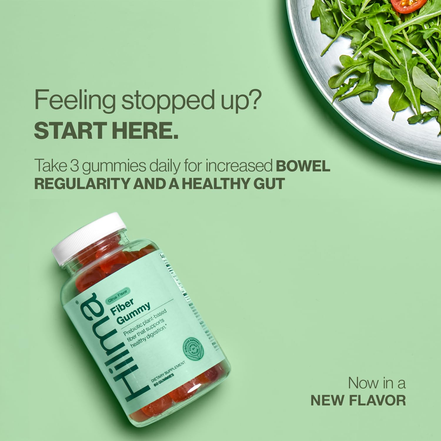 Hilma fiber gummies label documents vegan, gluten-free credentials and natural citrus taste.