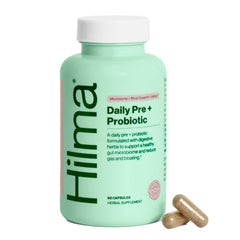 Hilma Pre + Probiotic with Herbs bottle promotes simple daily gut support.