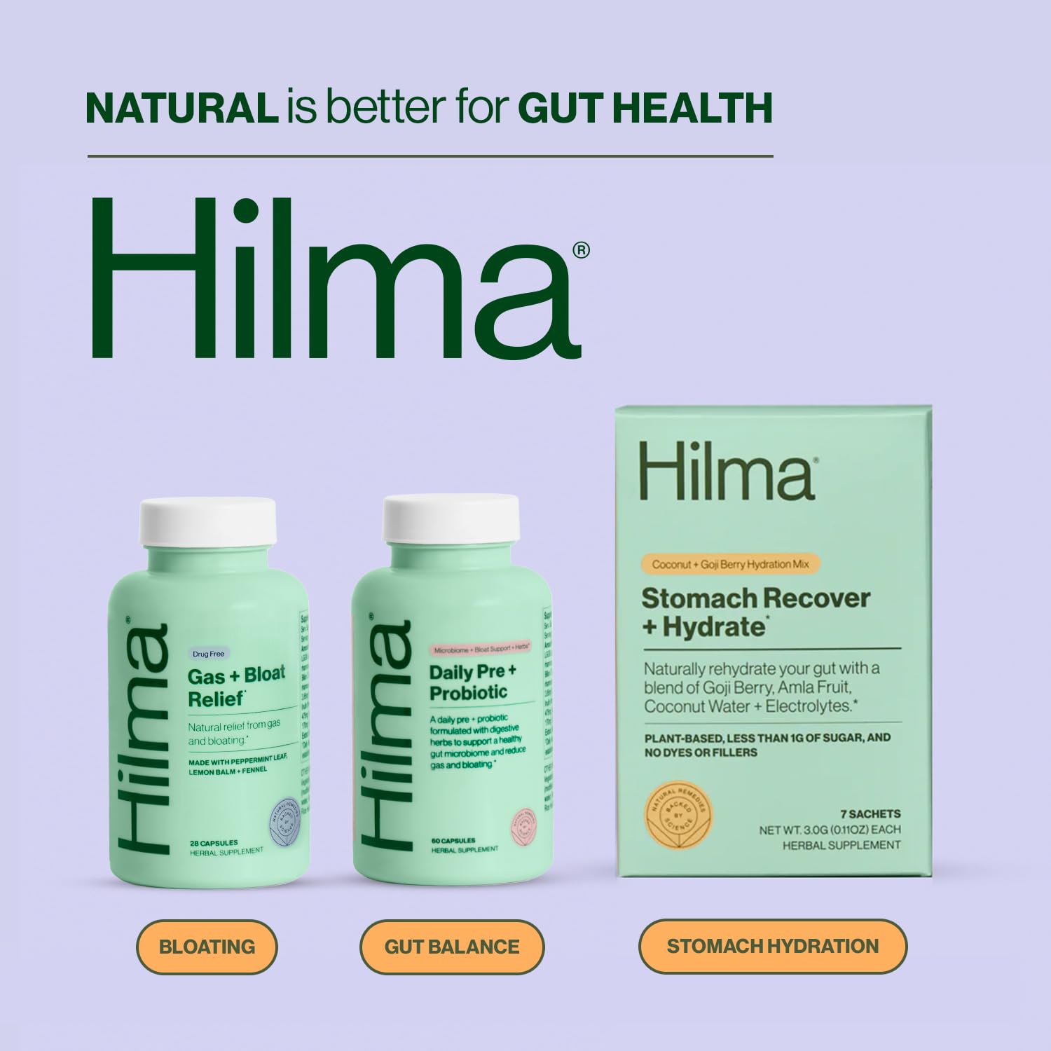 A glass of water beside Hilma capsules illustrates easy daily use.